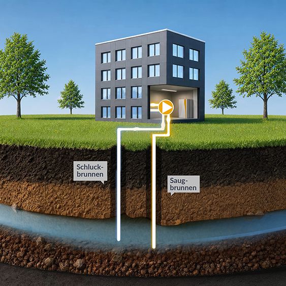Baustelle mit Erdwärmesonden und nachhaltigem Energiekonzept für Heizen und Kühlen