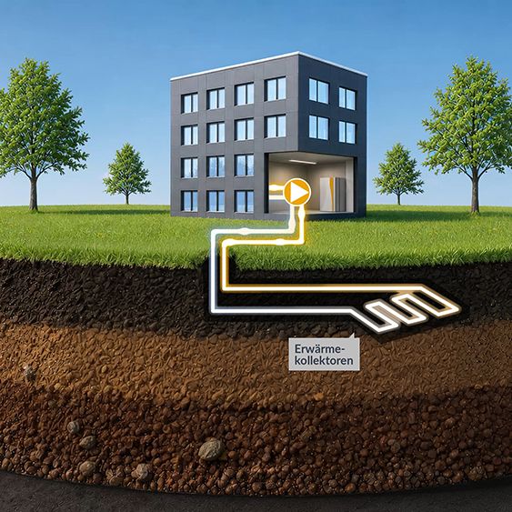 Schema von horizontal verlegten Erdwärmekollektoren zur oberflächennahen Geothermienutzung für Heiz- und Kühlsystem